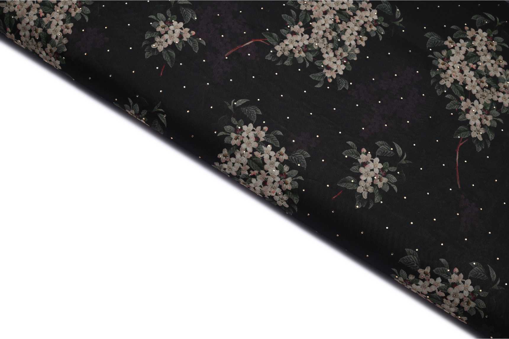PURE BLACK COLOR POLY ORGANZA DIGITAL FLOWER ZAAL WITH GOLD STONE PATTERN PRINTED FABRIC 10981