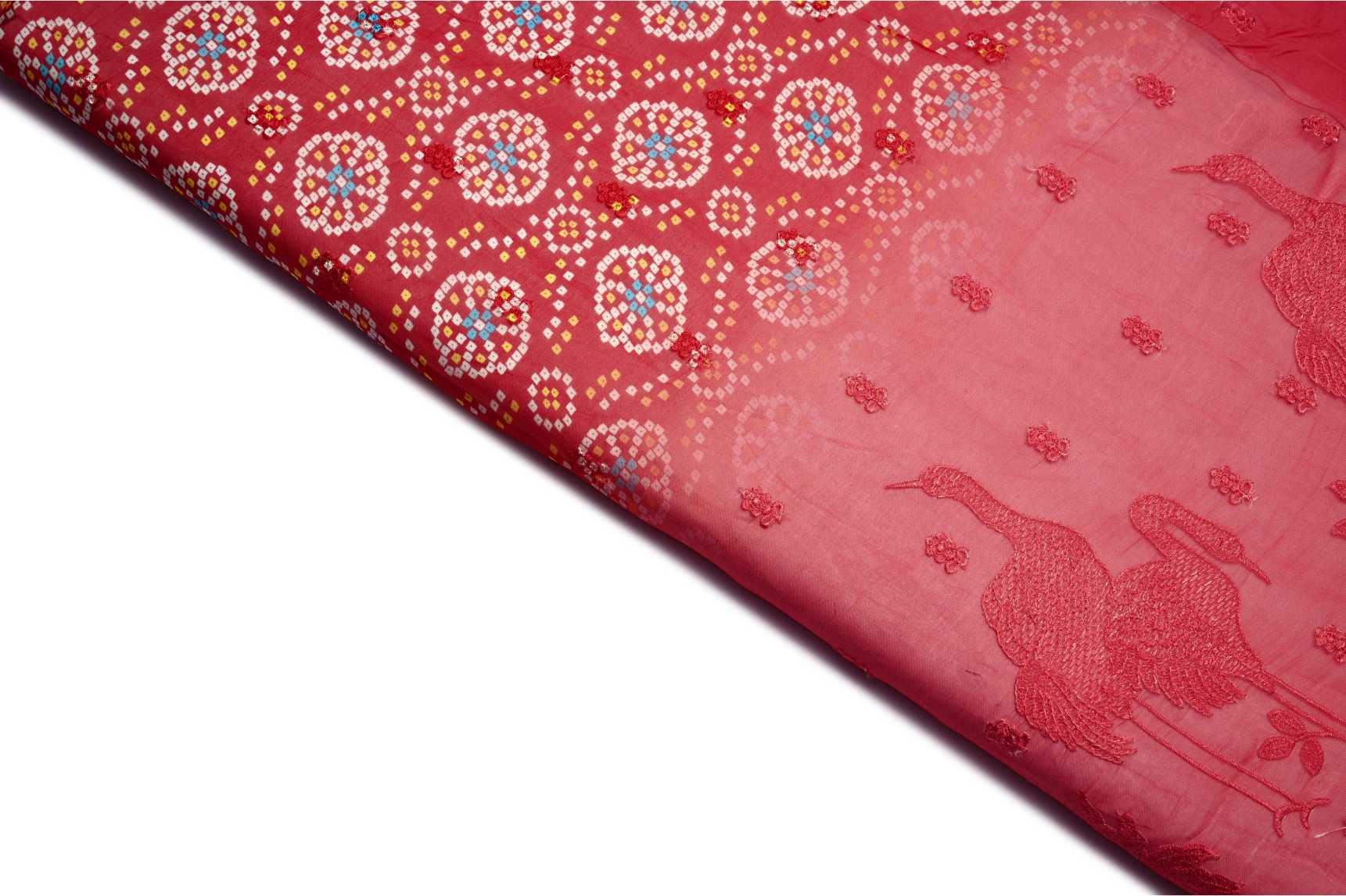 BRIGHT RED COLOR WISCOSS ORGANZA DIGITAL BANDHNI PRINT WITH PINK FIGURE EMBOSS THREAD PANEL PATTERN EMBROIDERED WORK FABRIC 10948