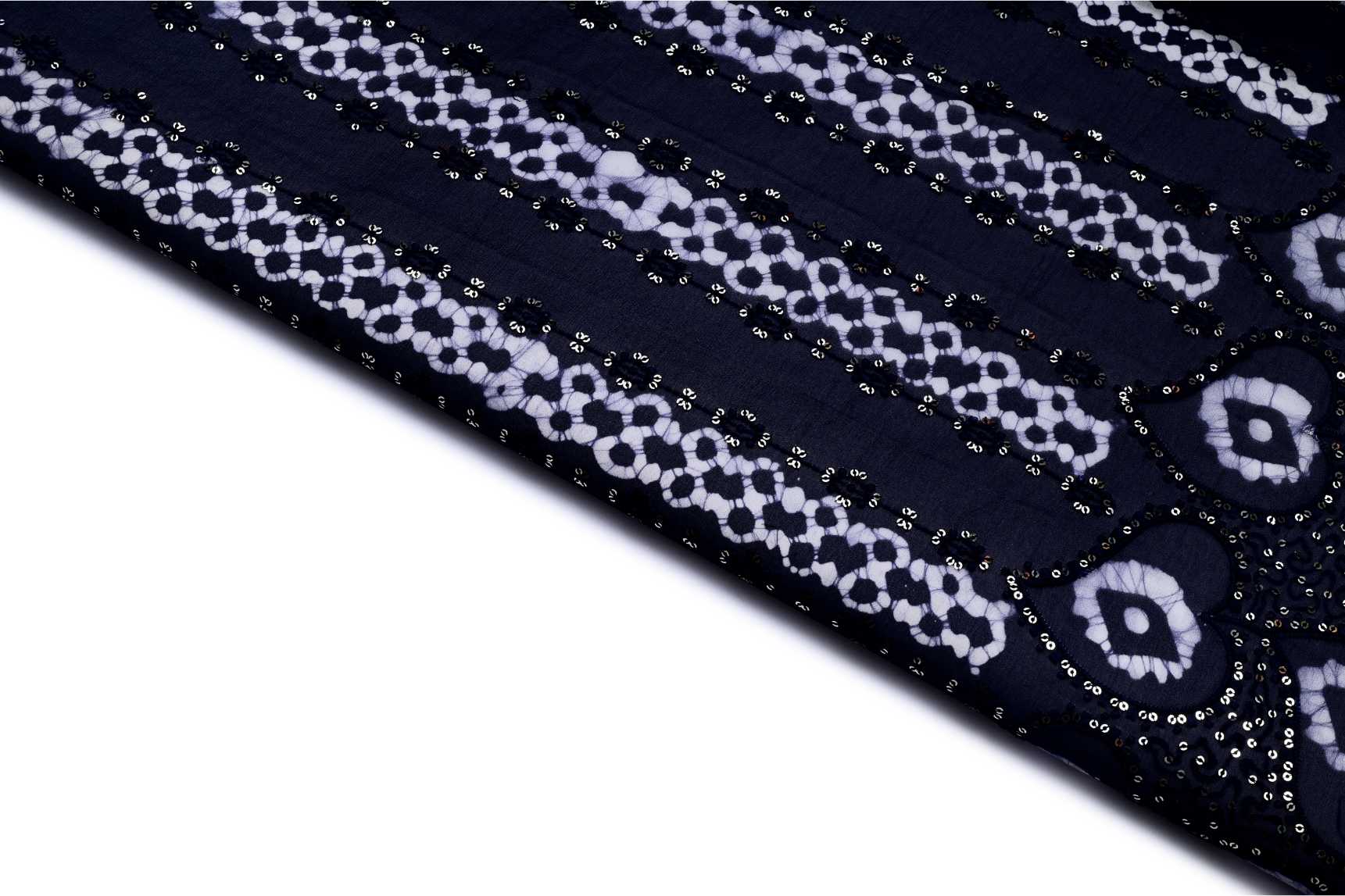 MIDNIGHT BLUE COLOR WISCOSS GEORGET BATIQ AND METALIC SEQUANCE GEORMETRIC  BELT  WITH HEAVY METALIC SEQUANCE BORDER PATTERN EMBROIDERED WORK FABRIC 11305