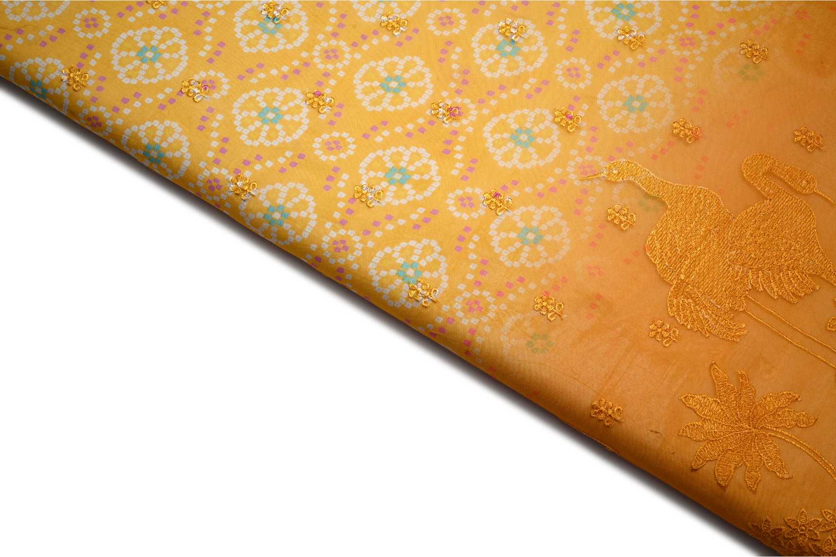 SELECTIVE YELLOW COLOR  WISCOSS ORGANZA DIGITAL BANDHNI PRINT WITH SELF YELLOW FIGURE EMBOSS THREAD PANEL PATTERN EMBROIDERED WORK FABRIC 10945