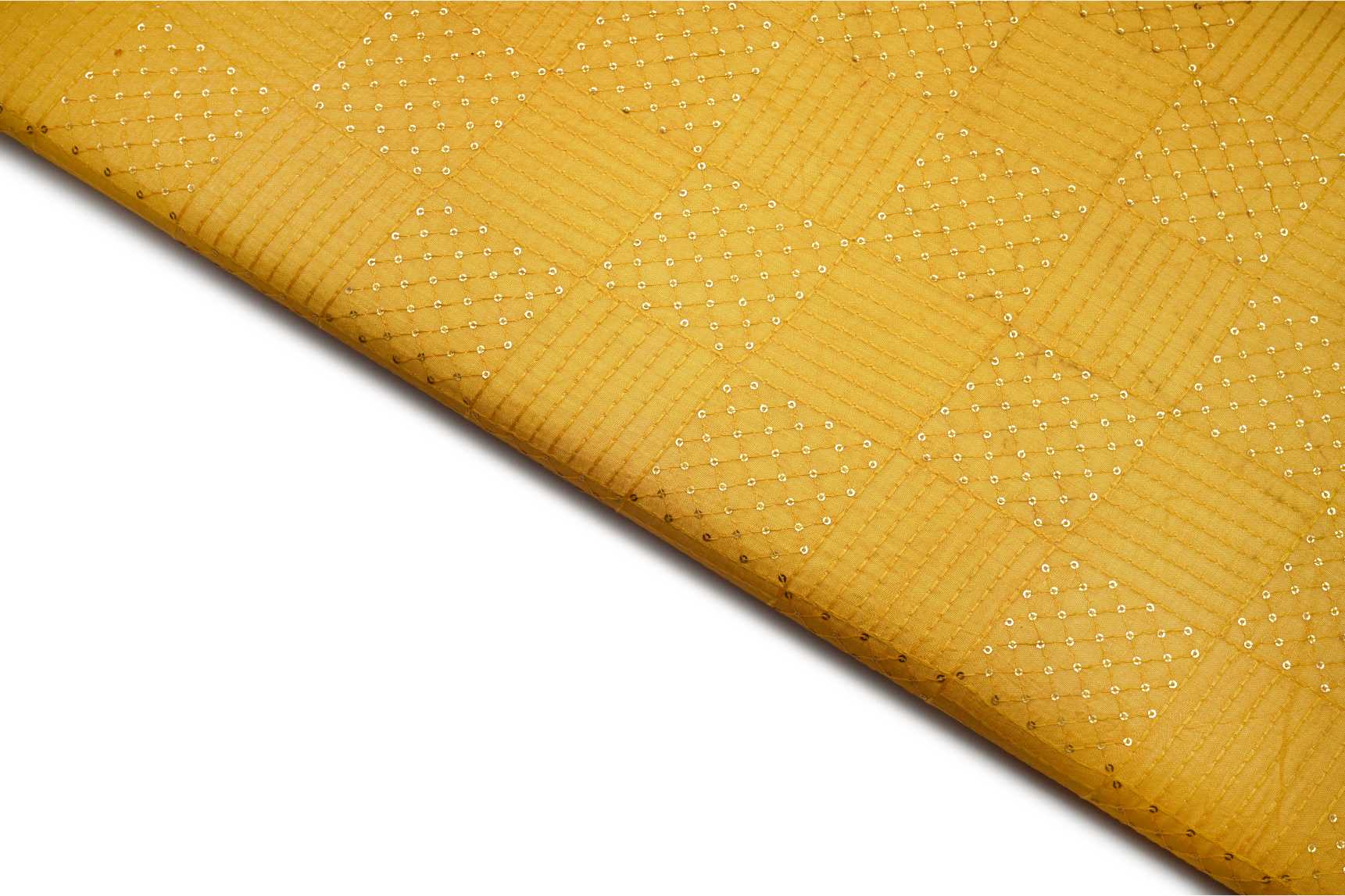 DANDELION YELLOW COLOR WISCOSS MAL CHANDERI SILK THREAD AND METALICK SEQUANCE CHAIN LINKED BOX PATTERN EMBROIDERED WORK FABRIC 11317