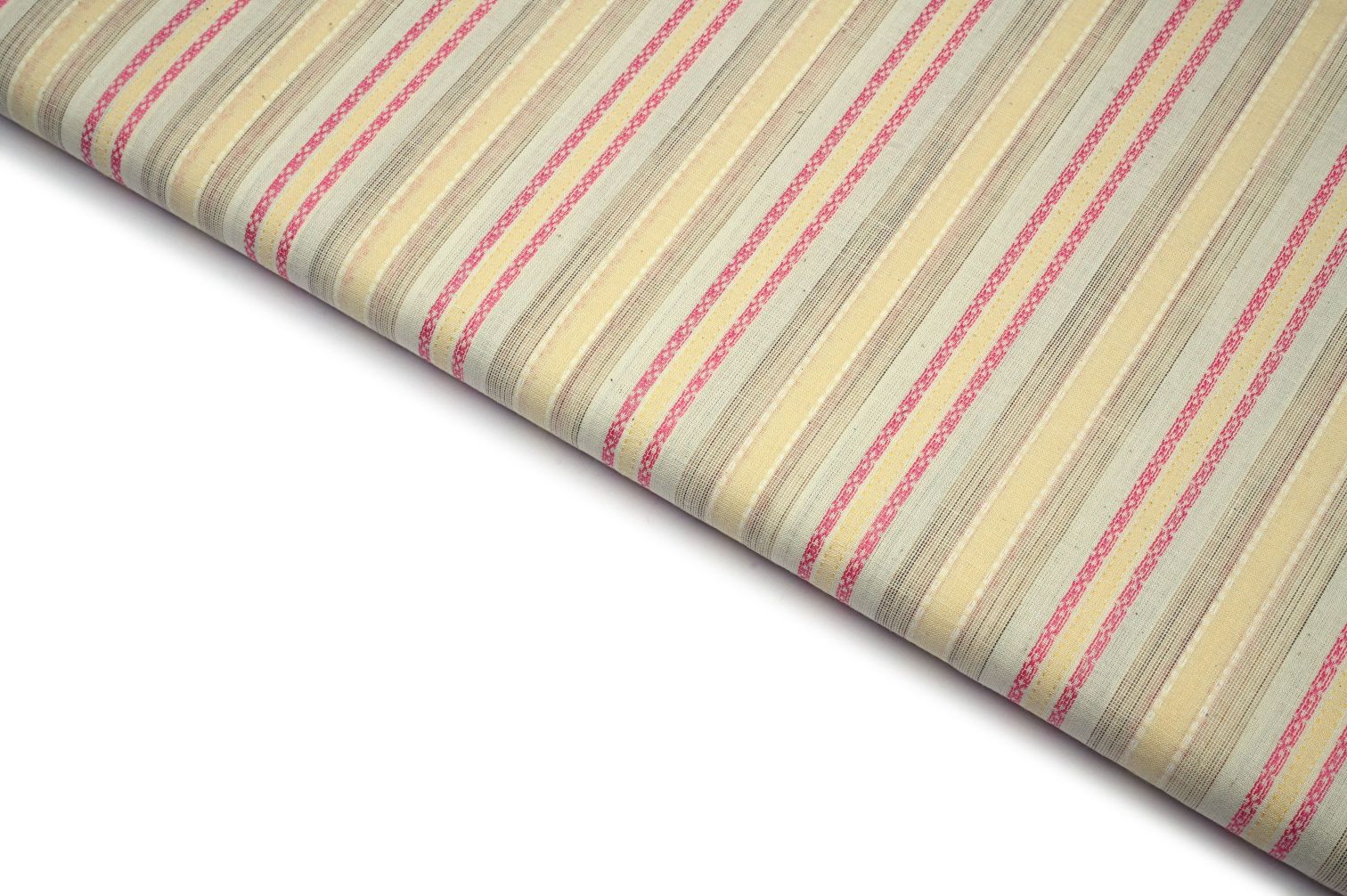CREAM COLOR PINK & YELLOW WEAVE CROSS COLOR STRIPES PATTERN COTTON VOIL HANDLOOM FABRIC 11552