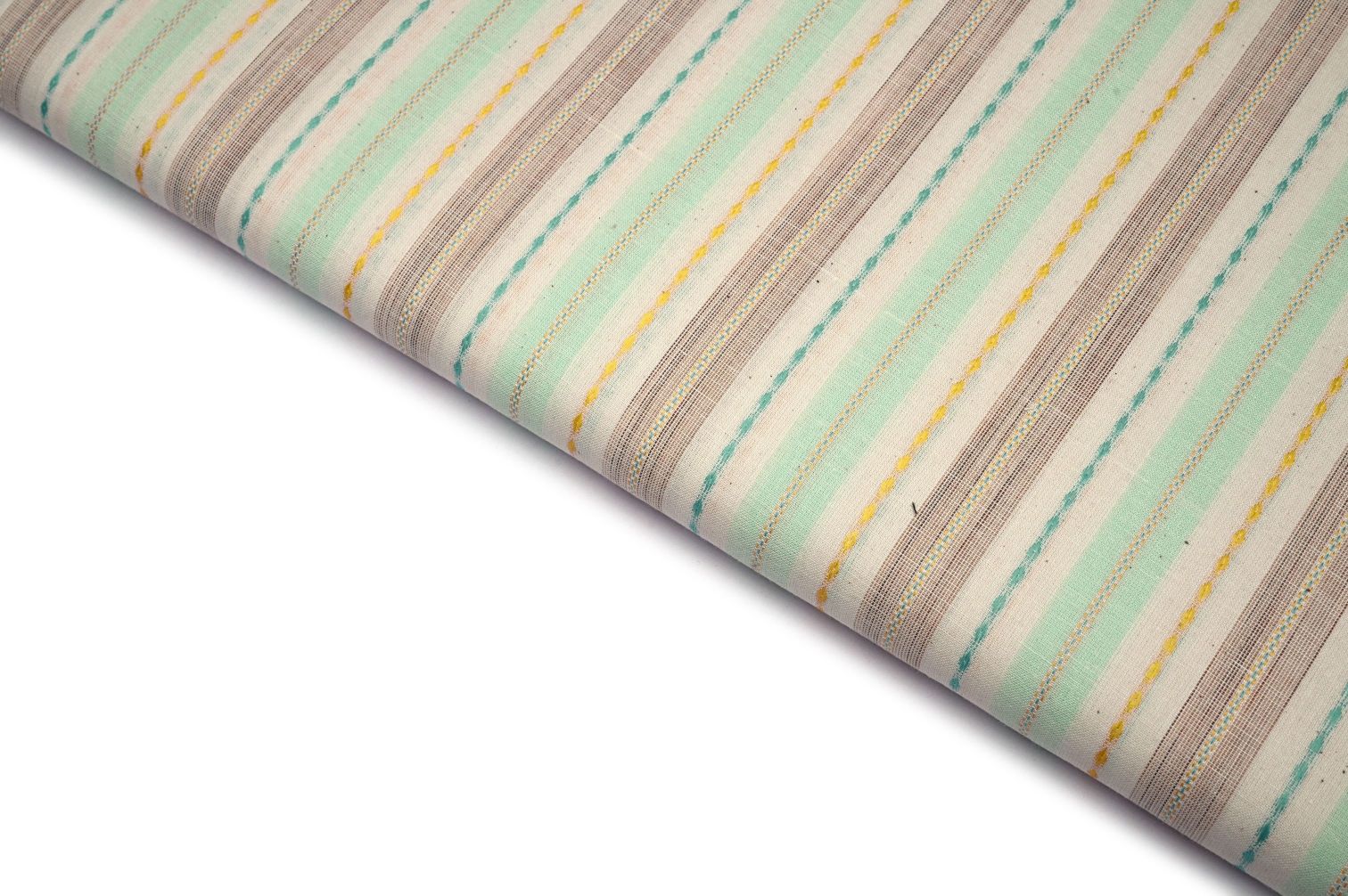 CREAM COLOR PASTEL GREEN & YELLOW WEAVE CROSS COLOR STRIPES PATTERN COTTON VOIL HANDLOOM FABRIC 11550