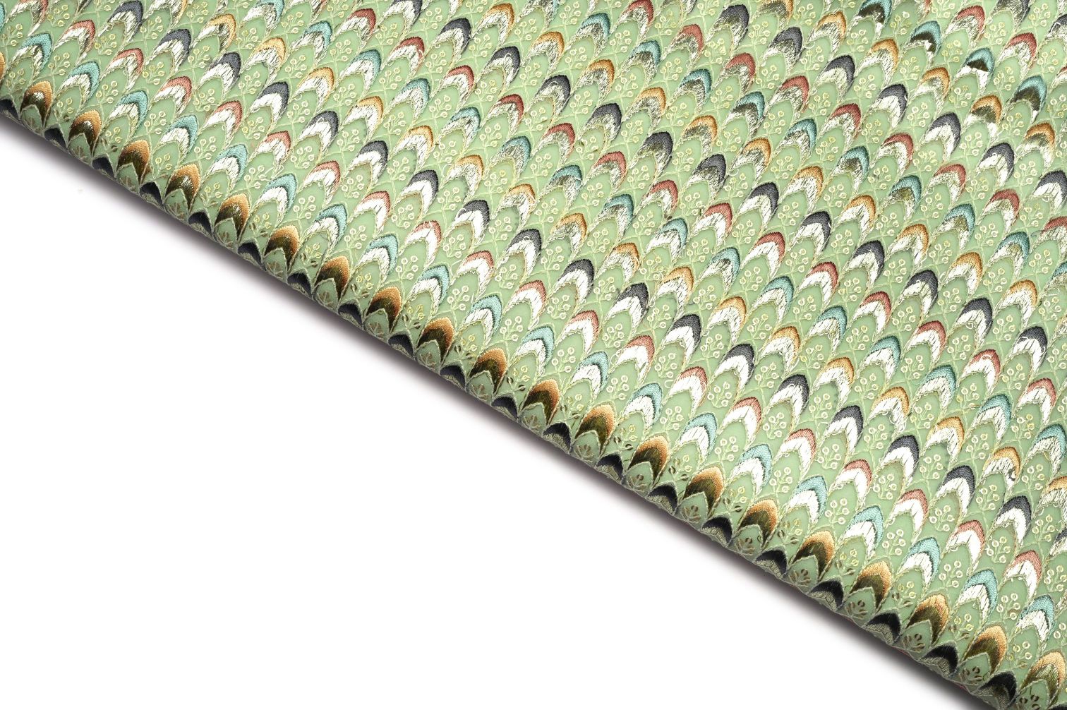 SPRING PISTA GREEN COLOR GEORGET METALIC FOIL WITH MULTIPLE SHADES RESHAM ARROW PATTERN EMBROIDERED WORK FABRIC 10925