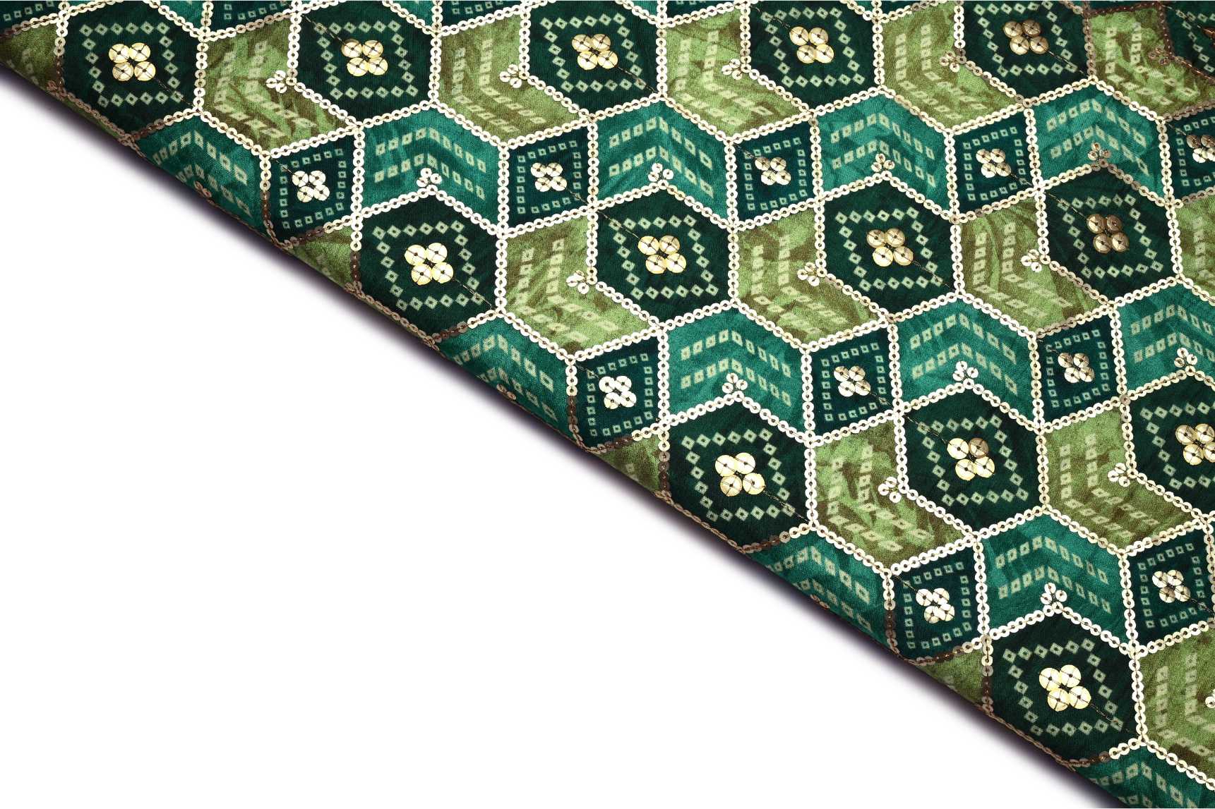 BRIGHT EMARALD GREEN COLOR WISCOSS DOLA SILK GEOMETRIC DIGITAL BANDHNI & GOLD SEQUANCE CHAIN PATTERN EMBROIDERED WORK FABRIC 11729