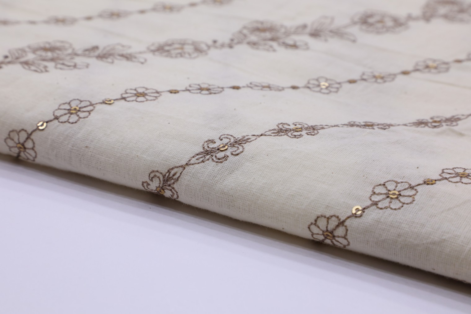 OFFWHITE COLOR COTTON BROWN THREAD LEHERIYA CHAIN PATTERN EMBROIDERY WORK FABRIC 3792