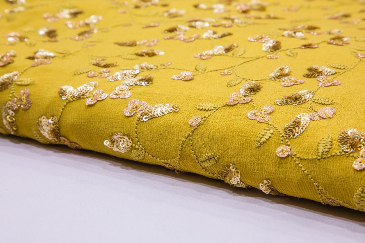 MIDDAY YELLOW COLOR CHINON ANTIQUE & COPPER SEQUINS EMBROIDERY WORK 2911