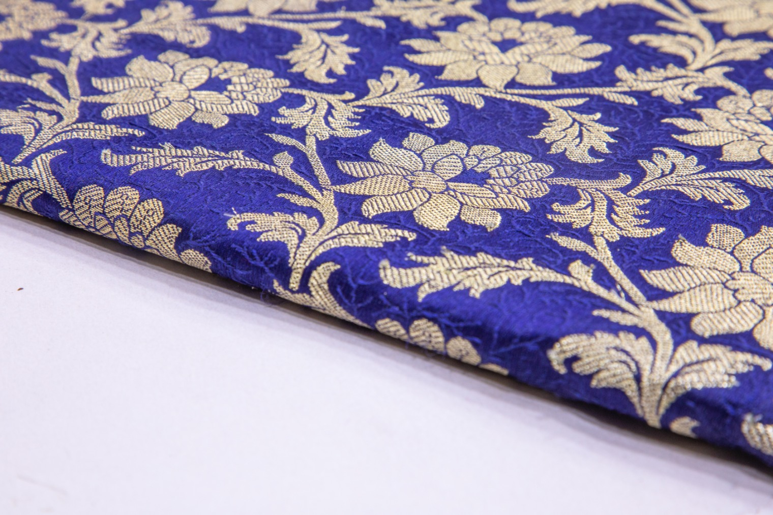 COBALT BLUE COLOR ALLOVER GOLD FLORAL ZAAL PATTERN PURE SILK BROCADE FABRIC3302