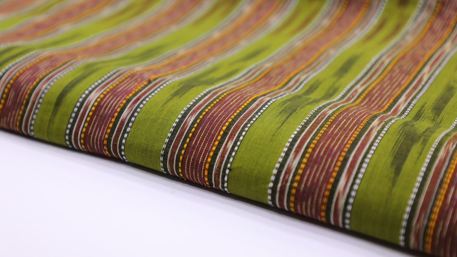 OLIVE GREEN COLOR COTTON IKAT GEOMETRIC MAROON STRIPES WEAVE FABRIC - 4061