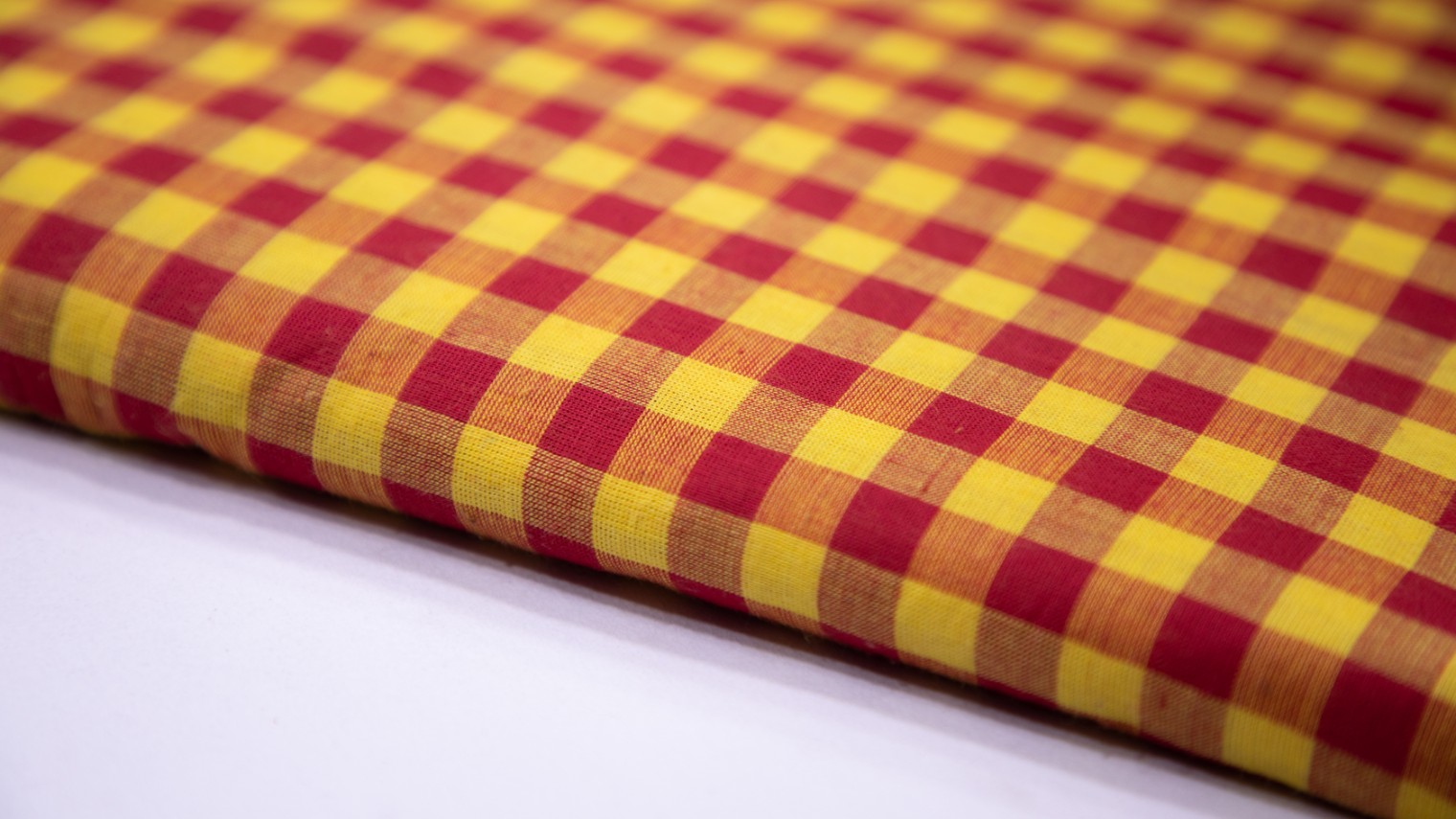 Bright Yellow & Red Color South Cotton Handloom Criss Cross Chex Weave Pattern Fabric - 4218
