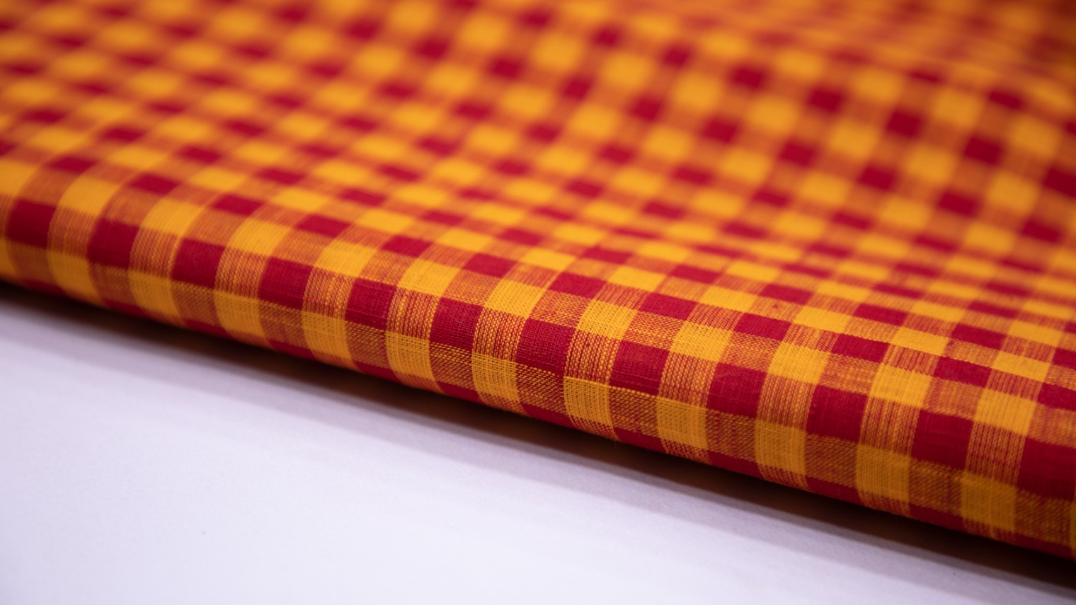 GOLDEN YELLOW & RED COLOR SOUTH COTTON HANDLOOM CRISS CROSS CHEX WEAVE FABRIC - 4222