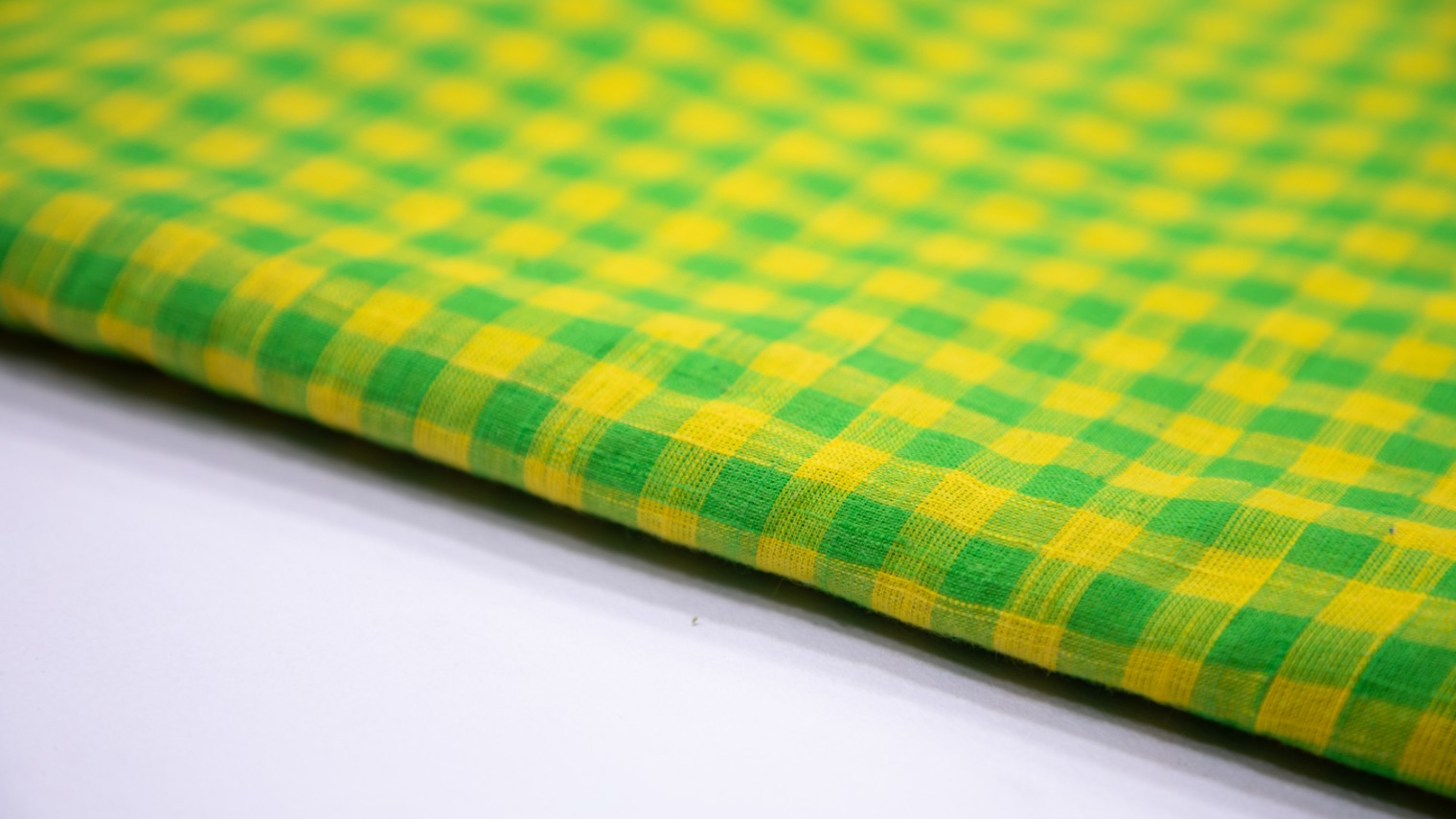 Bright Parrot Green & Lime Yellow Color South Handloom Criss Cross Chex Weave Fabric - 4223
