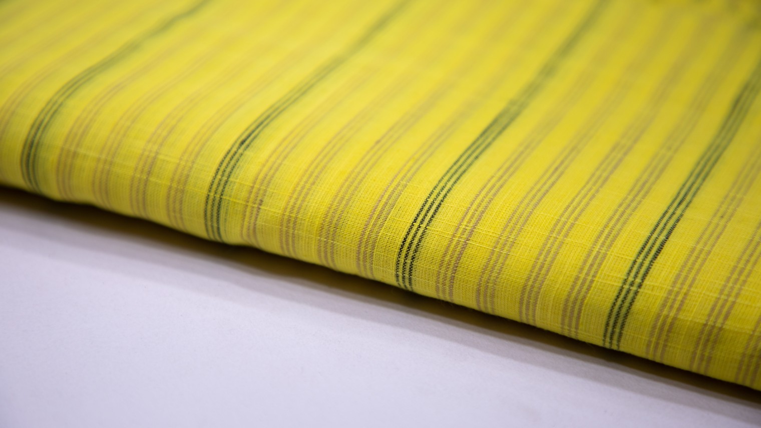 Bright Lime Yellow Color South Cotton Handloom Broad Stripes Weave Fabric - 4234