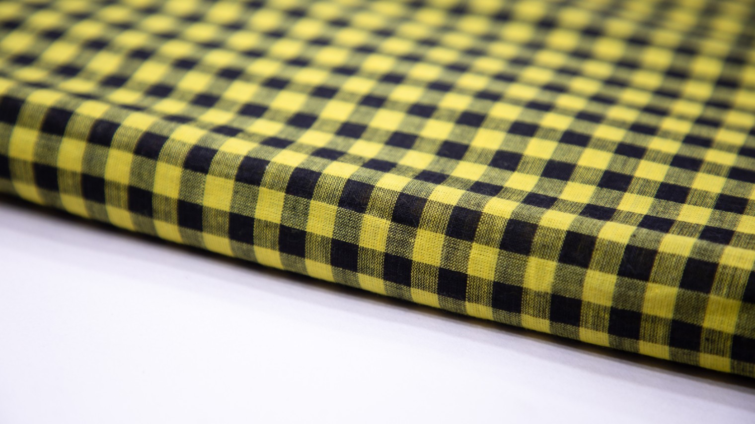 Bright Lemon Yellow Color South Cotton Handloom Black Criss Cross Weave Pattern Fabric - 4255