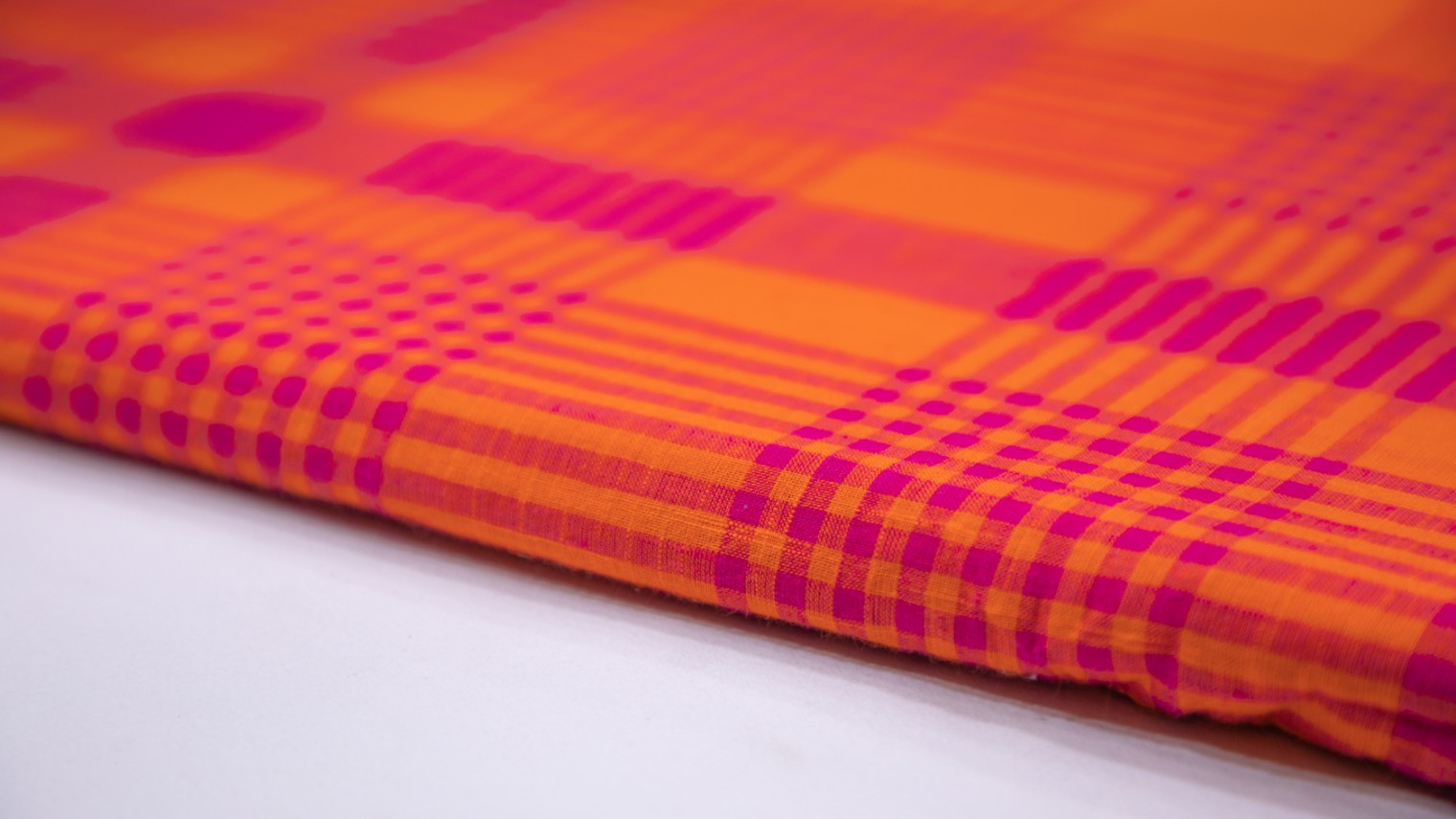 Bright Orange Color South Cotton Handloom Pink Chex Weave Fabric - 4268