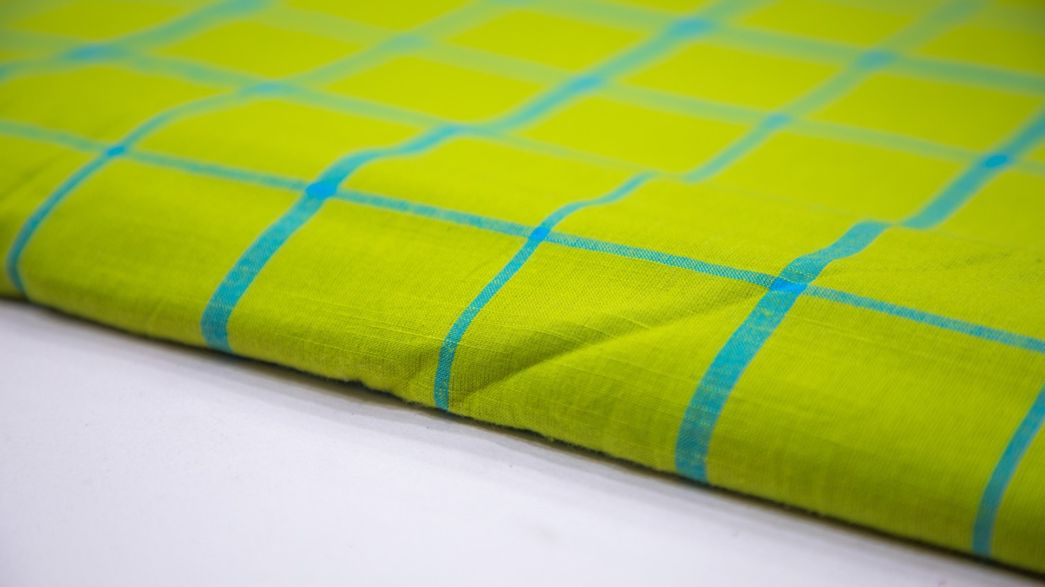 Bright Olive Green Color South Cotton Handloom Blue Chex Weave Fabric - 4280