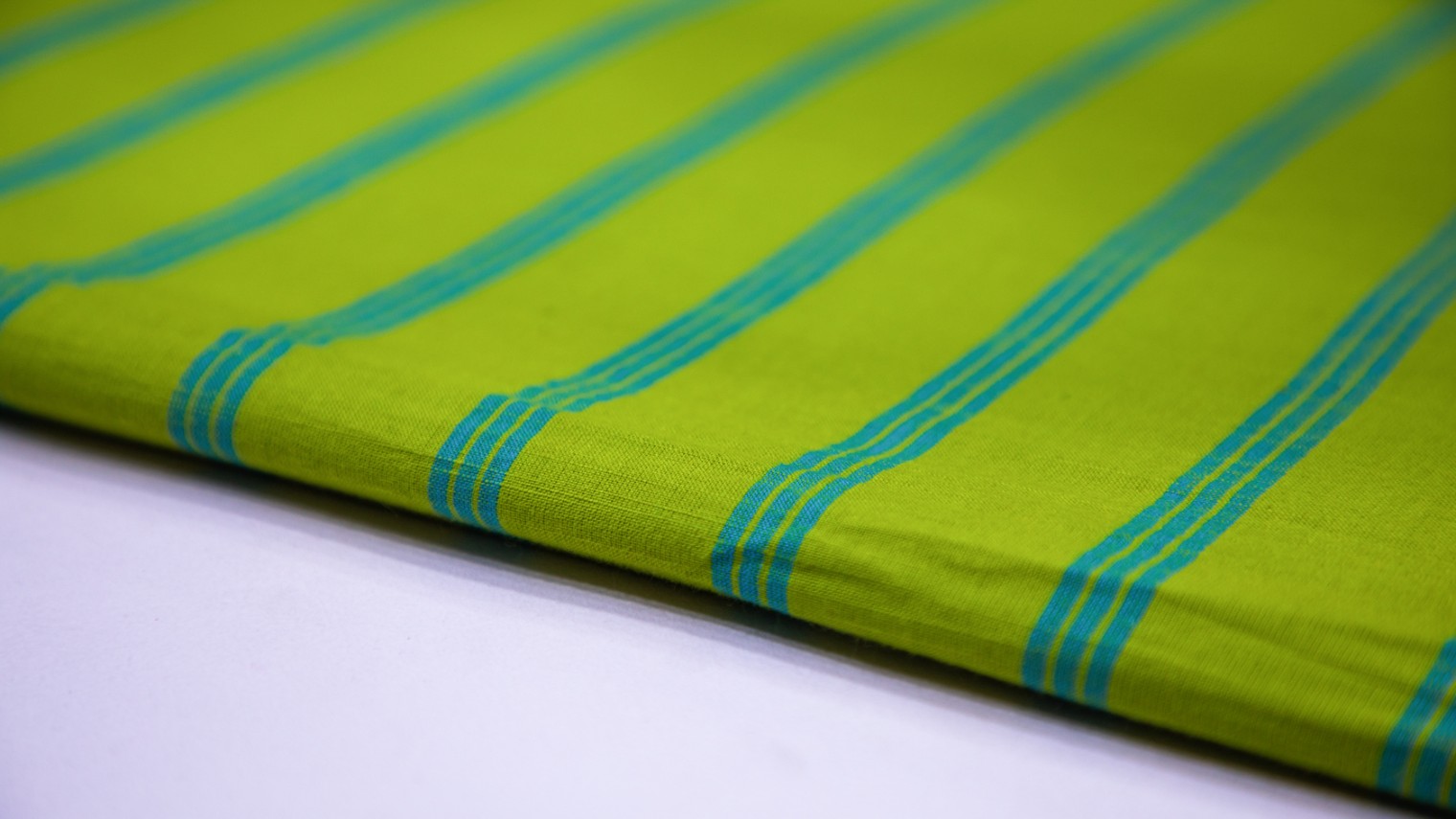 Bright Olive Green Color South Cotton Handloom Blue Stripes Weave Fabric - 4281