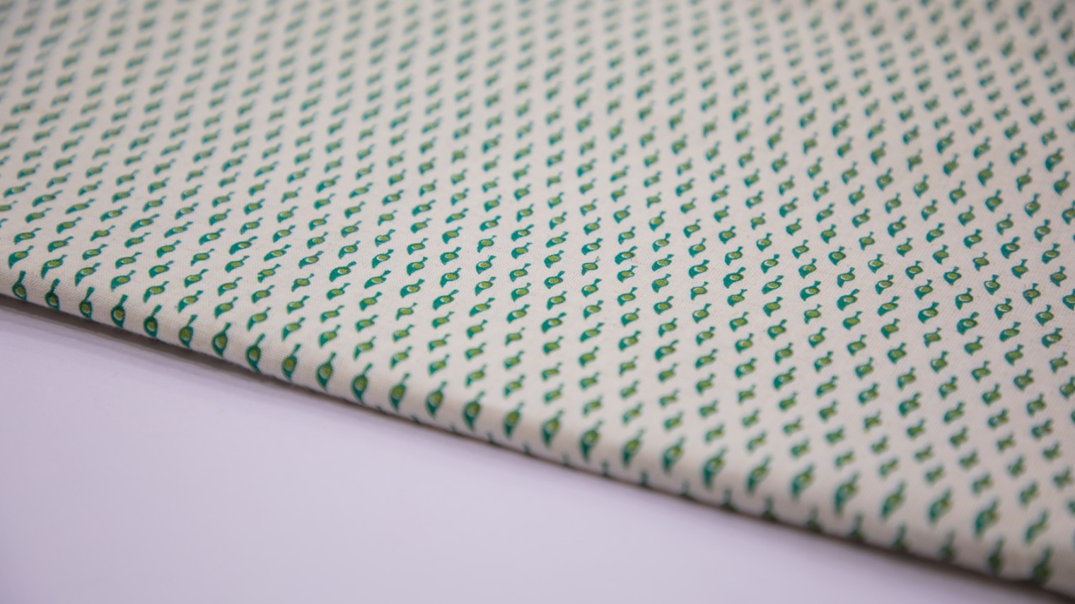 Off White Color Cotton Flex Green Leaf Motif Screen Print Fabric - 4611