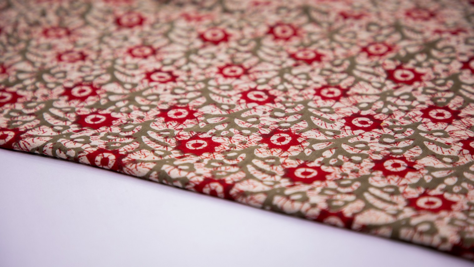 Olive Green Color Cotton Natural Flex Red & Cream Batik Pattern Print Fabric - 4678
