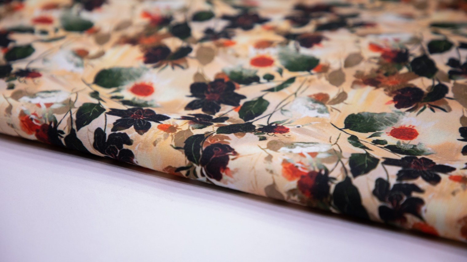 Honey Beige Color Cotton Flex Floral Screen Print Fabric - 4709