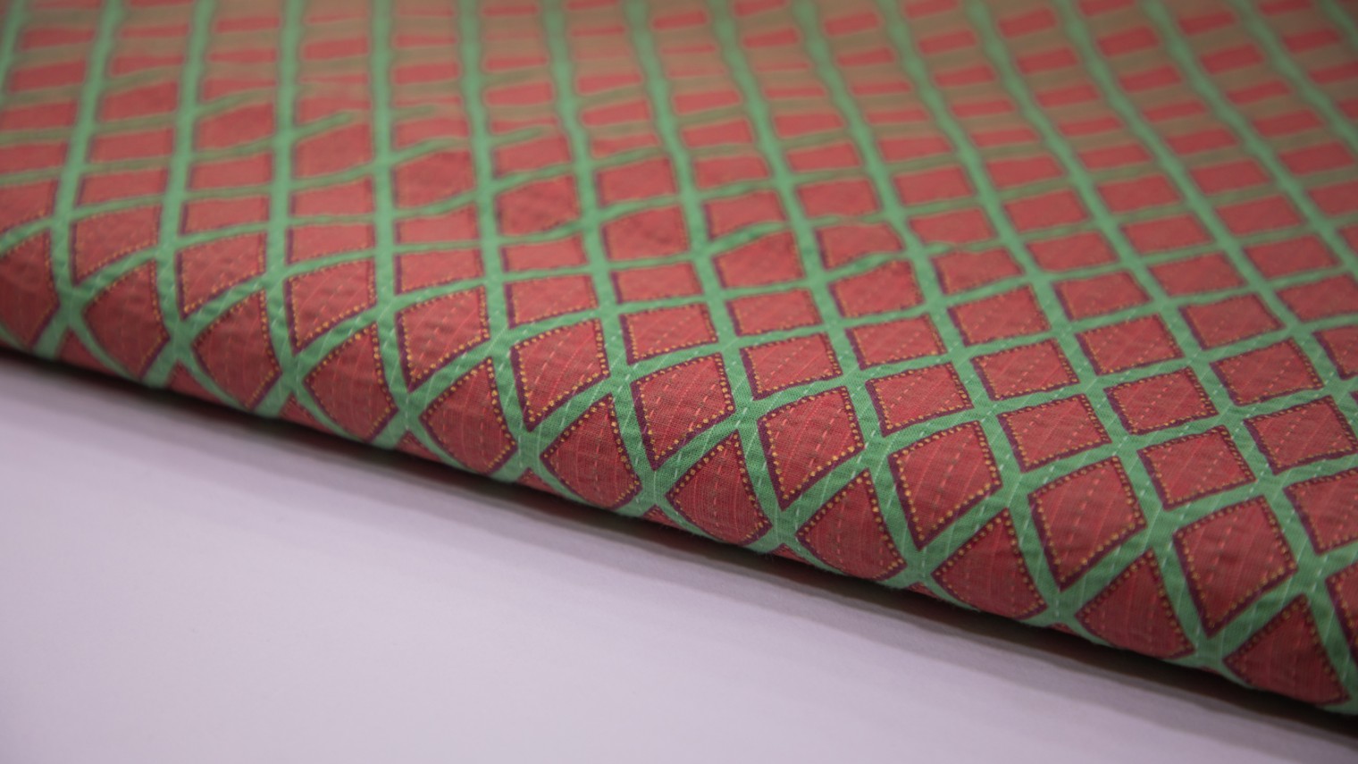 Sap Green Color Cotton Flex Dusty Orange Diamond Motif Chain Stitch Pattern Screen Print Fabric - 4740