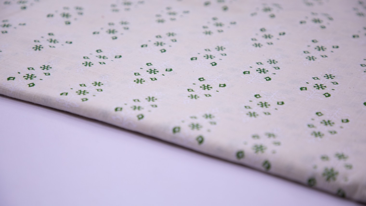 Off White Color Cotton Flex White & Green Motif Screen Print Fabric - 4745