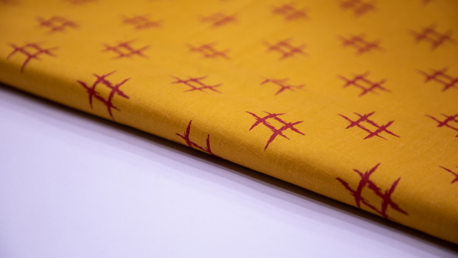 Bright Turmeric Yellow Color Cotton Flex Red Tic Tac Toe Pattern Screen Print Fabric - 4748