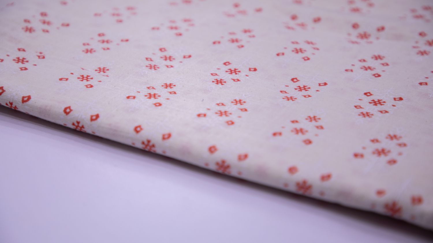 Iris Cream Color Cotton Flex Red & White Motif Screen Print Fabric - 4763