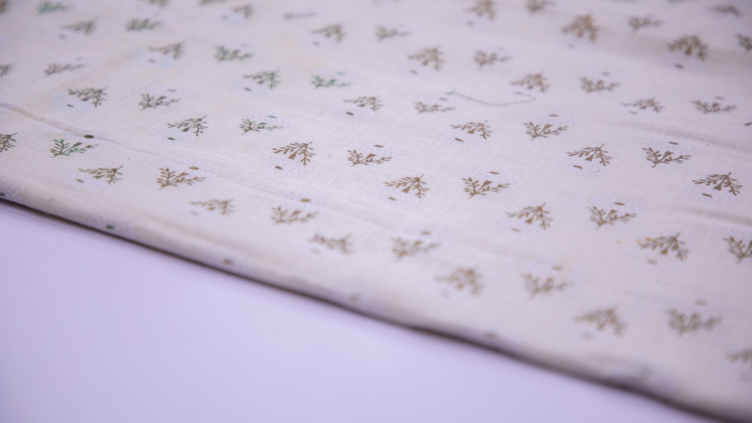 Off White Color Cotton Flex White & Gold Foil Motif Print Fabric - 4764