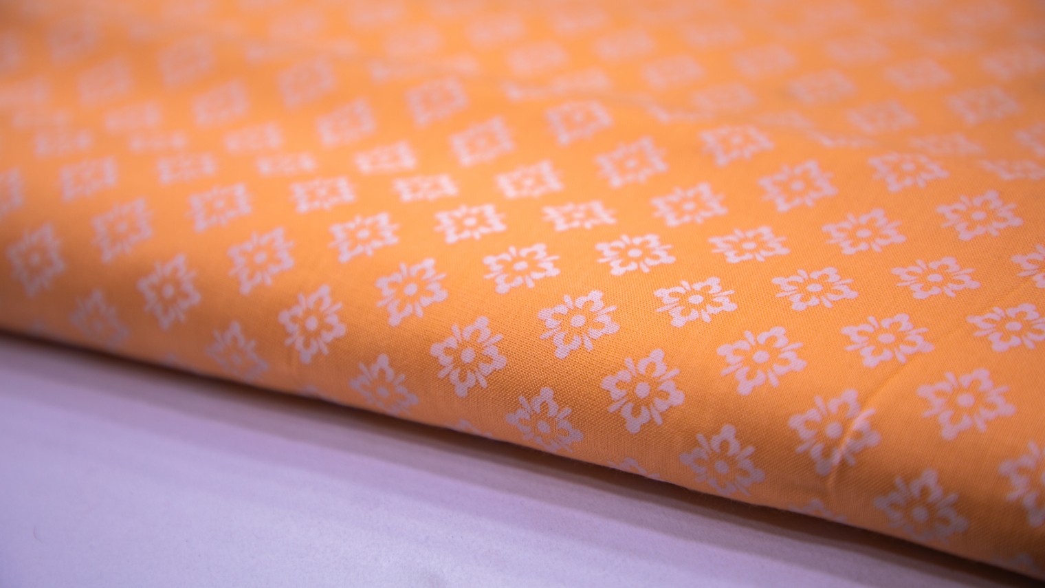Coral Orange Color Cotton Flex White Geometric Motif Screen Print Fabric - 4835