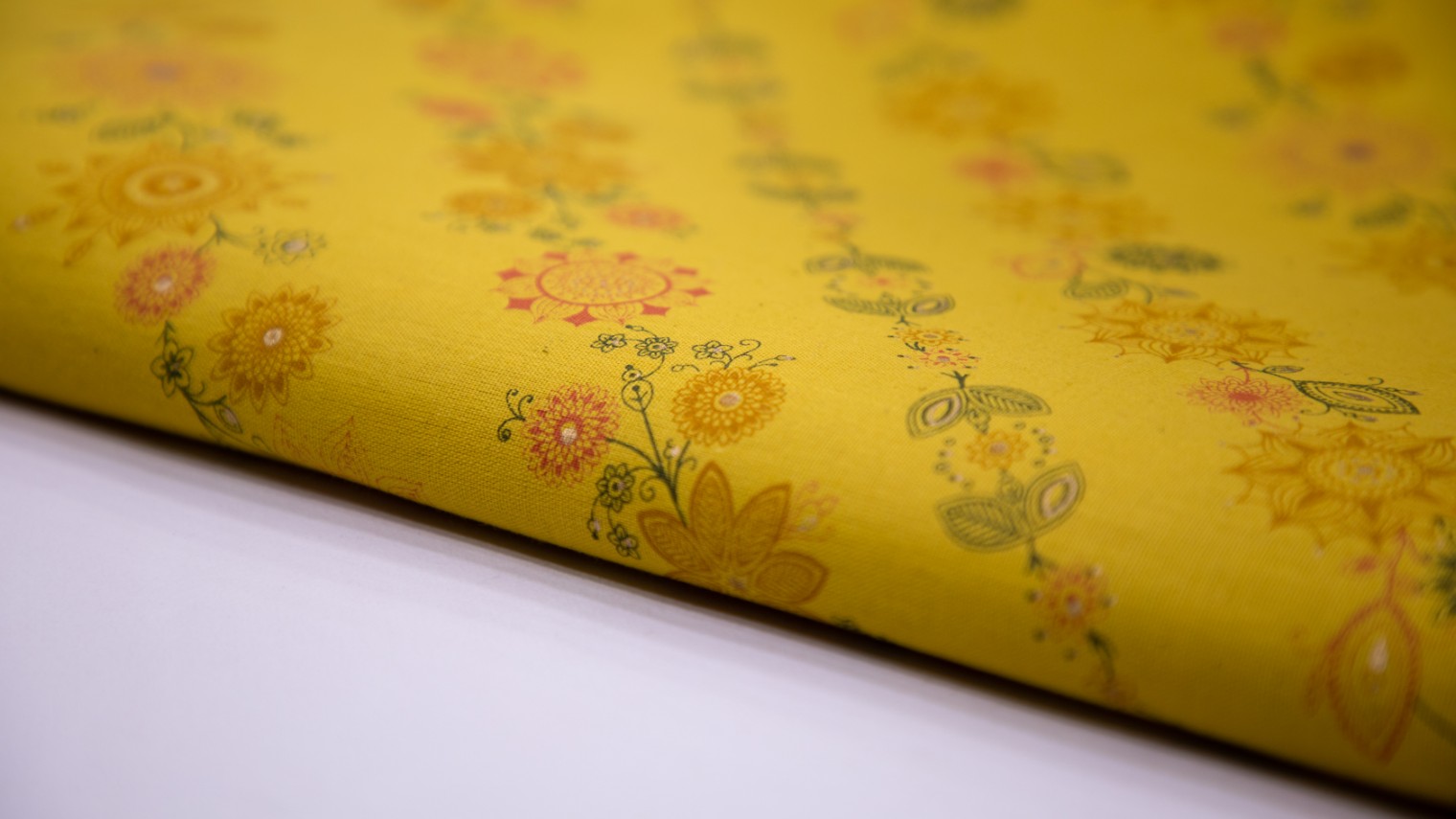 Deep Turmeric Yellow Color Red Floral Leheriya Pattern Cotton Flex Print Fabric - 5688