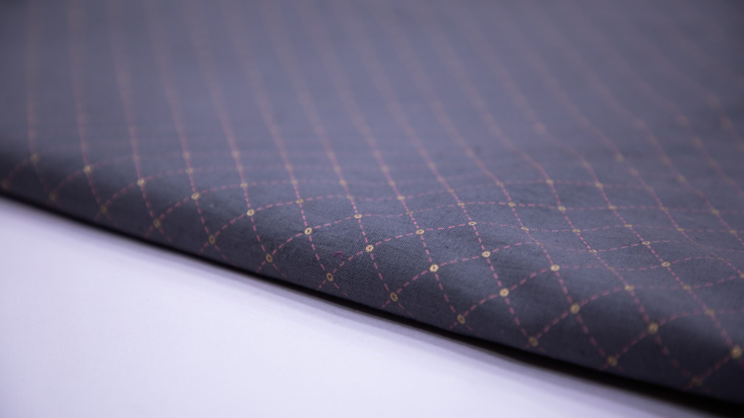 Stone Grey Color Cotton Flex Pink Chex Pattern Screen Print Fabric - 5767