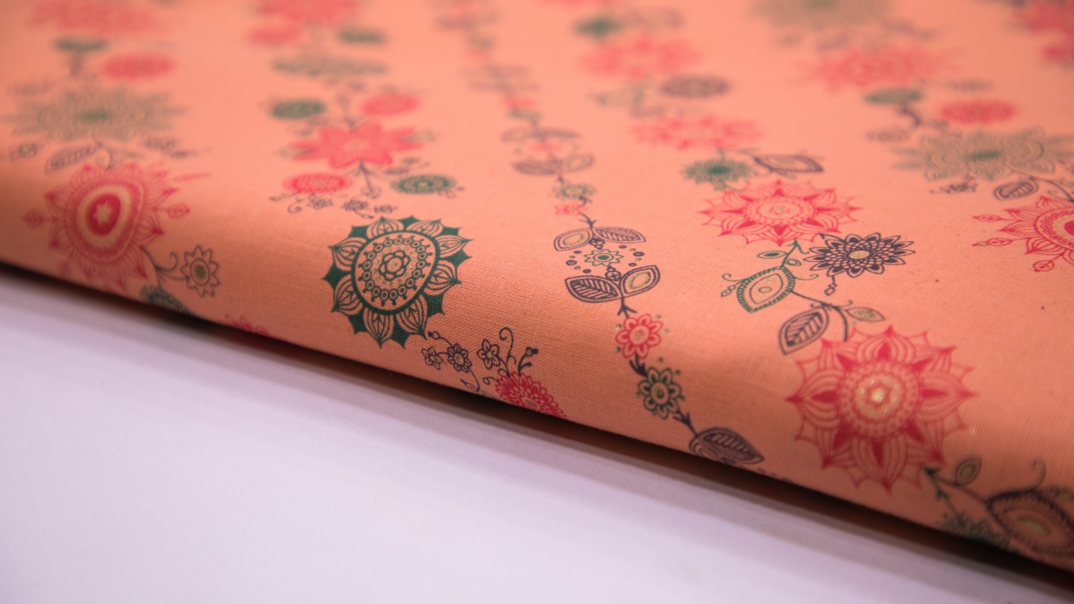 Coral Pink Color Cotton Flex Floral Leheriya Pattern Screen Print Fabric - 5806