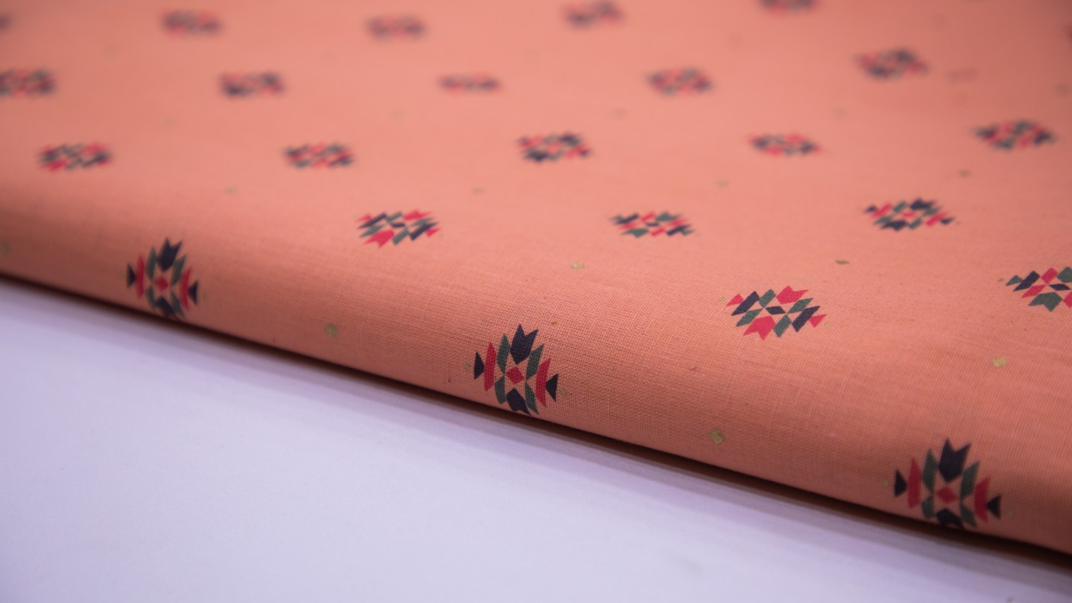 Salmon Peach Pink Color Cotton Flex Geometric Motif Screen Print Fabric - 5942