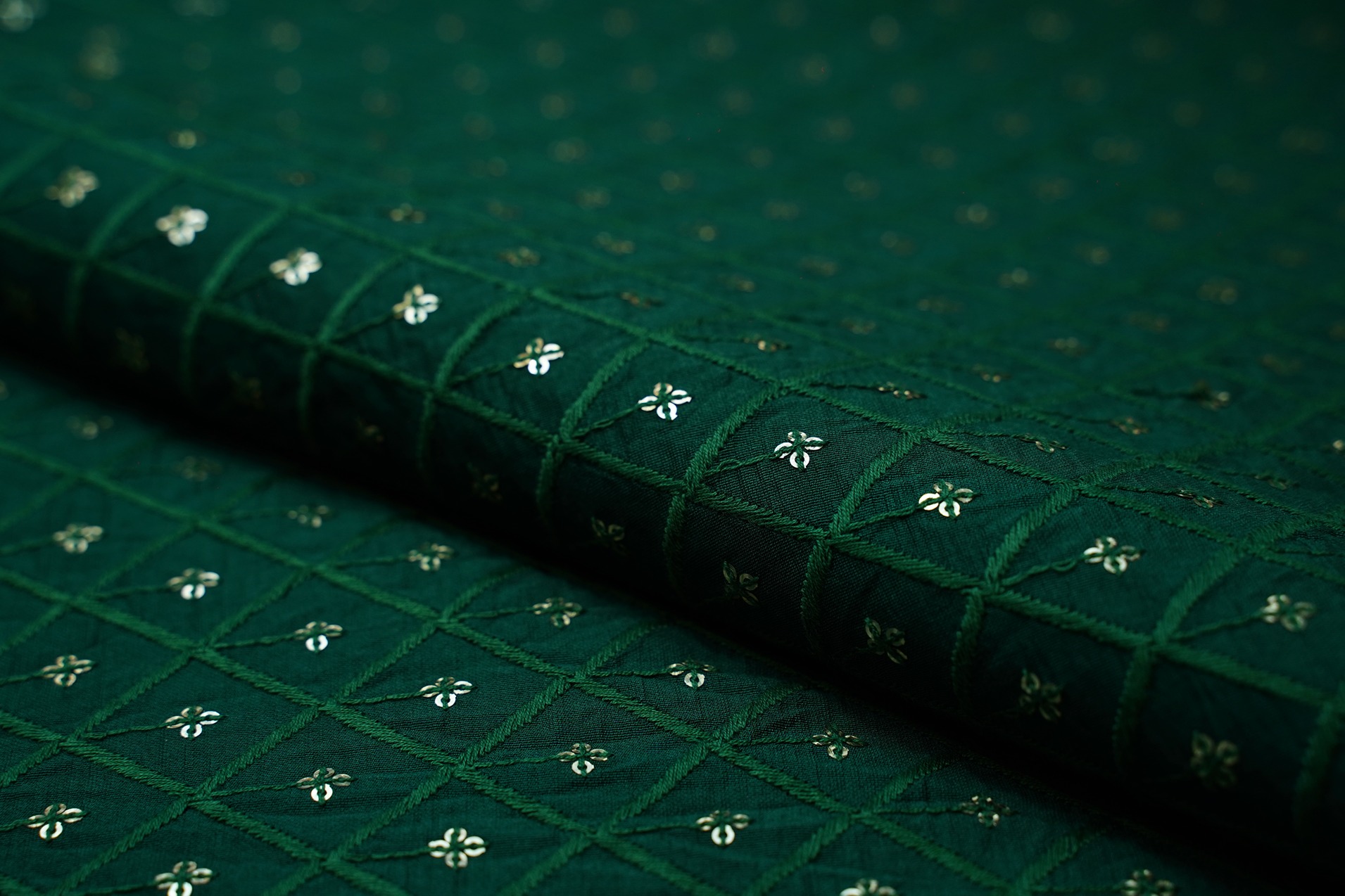 EMERALD GREEN COLOR THREAD CHAIN WITH GOLD SEQUINS MOTIF MAL CHANDERI EMBROIDERY WORK FABRIC 10222