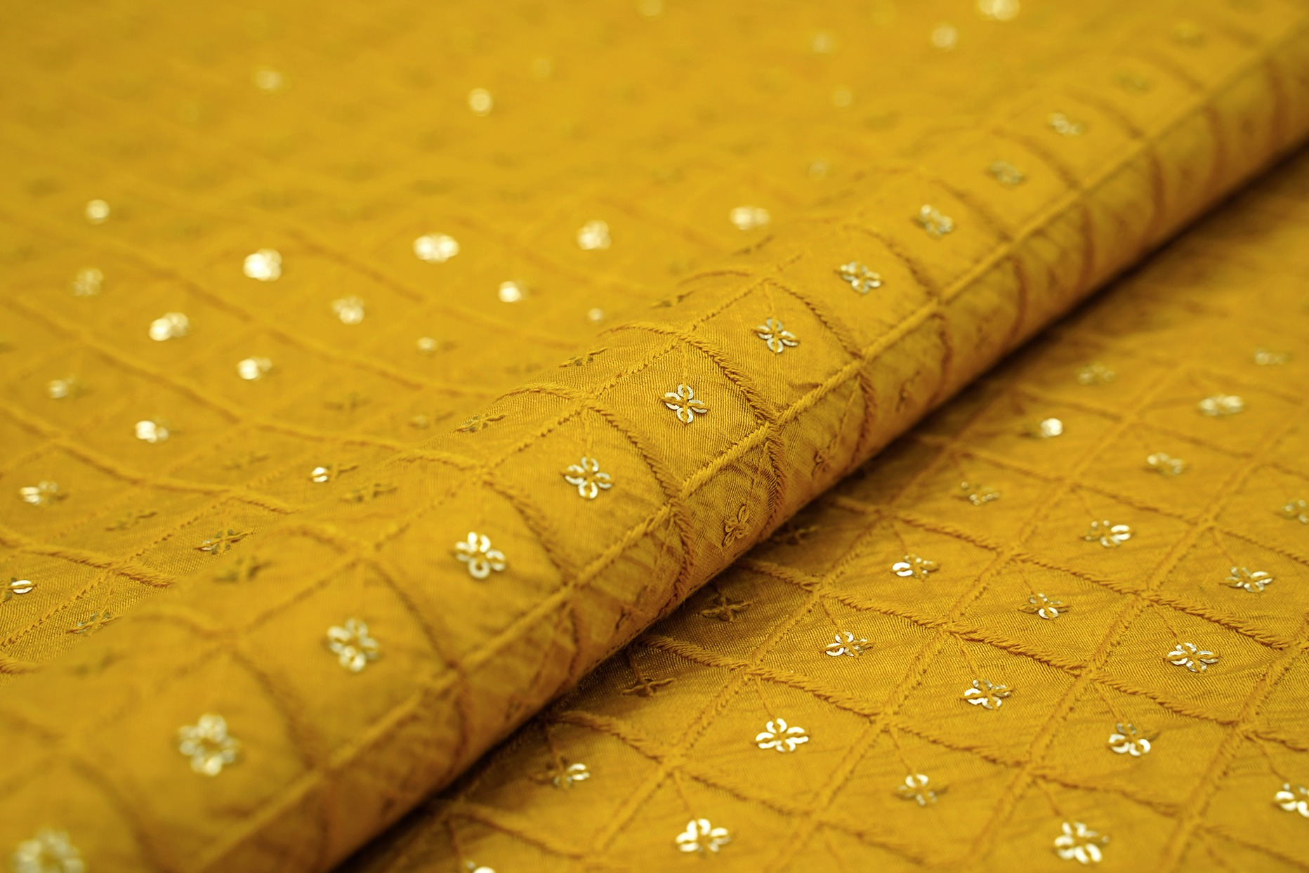 TURMERIC YELLOW COLOR THREAD CHAIN & SEQUINS PATTERN MAL CHANDERI EMBROIDERY WORK FABRIC 10224