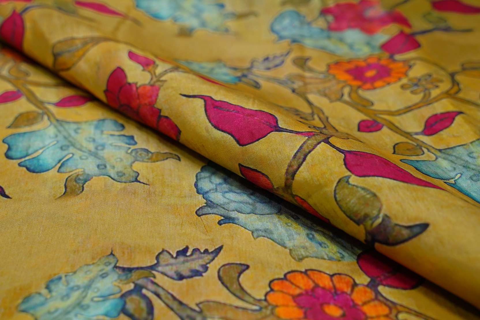 TURMERIC YELLOW COLOR ALLOVER FLORAL PATTERN BRUSH DOLA SILK PRINT 9911