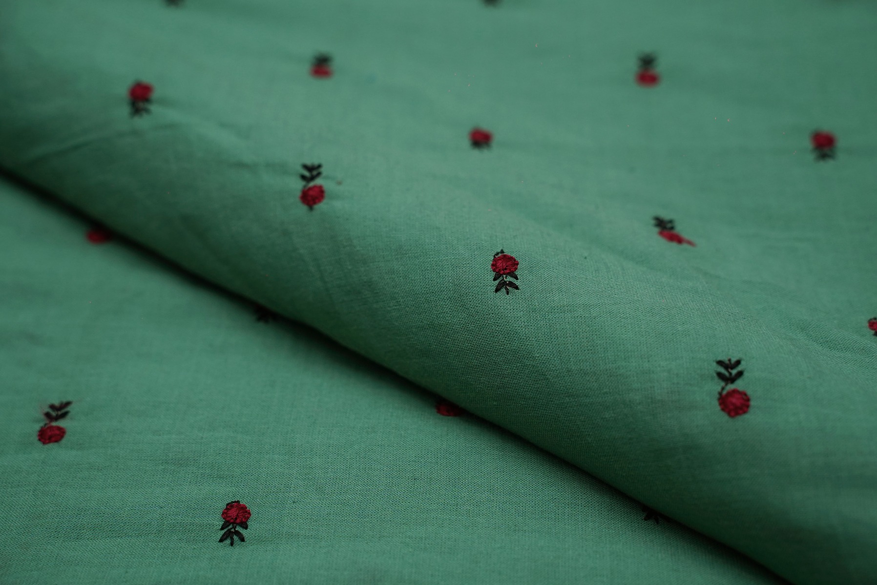 NATURAL TEAL GREEN COLOR RED THREAD WORK EMBOSS MOTIF EMBROIDERY FABRIC  9956