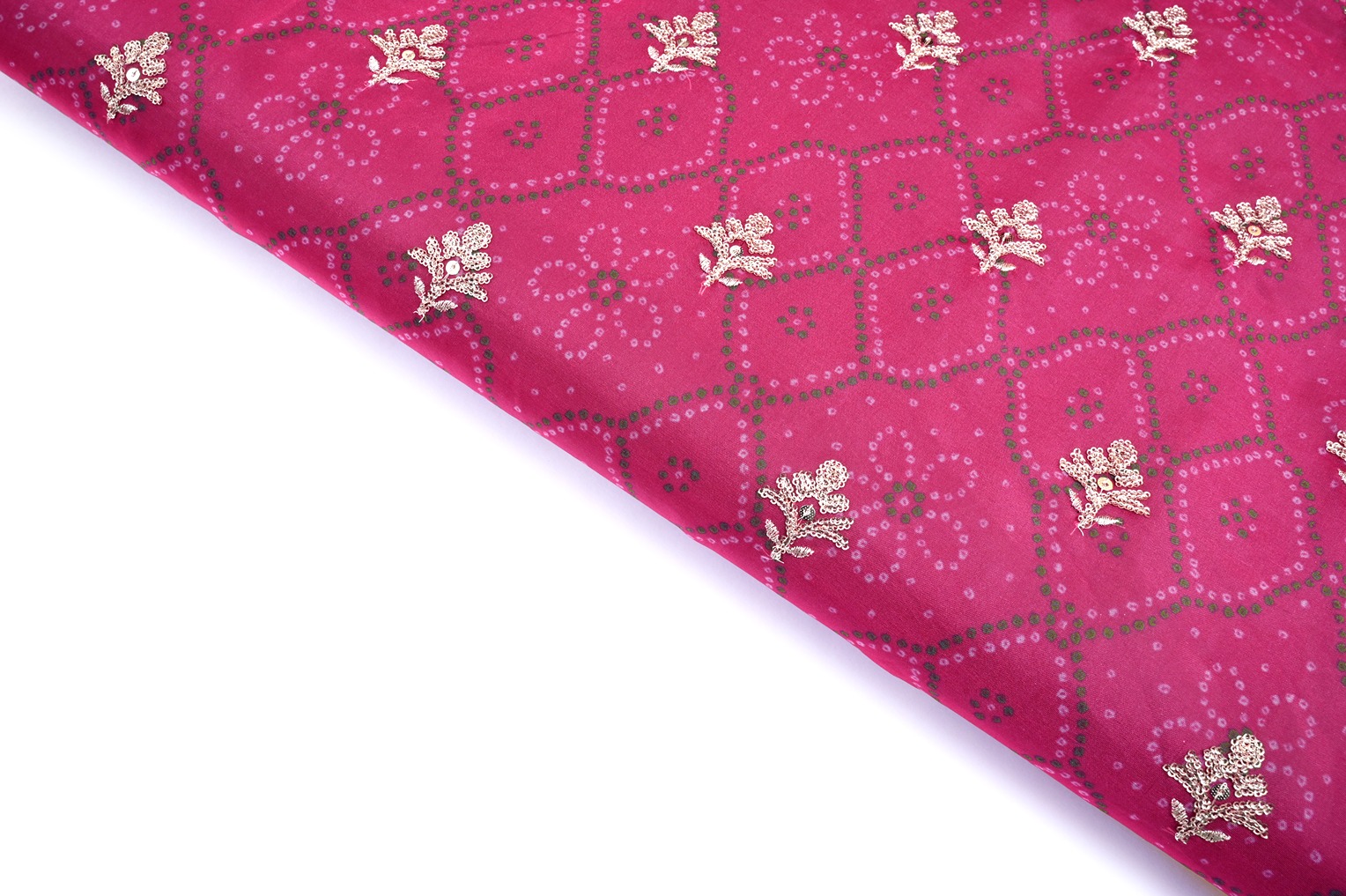 HOT PINK COLOR WISCOSS ORGANZA DIGITAL PRINT WITH COPPER SEQUANCE MOTIVE PATTERN EMBROIDERED WORK FABRIC 10403