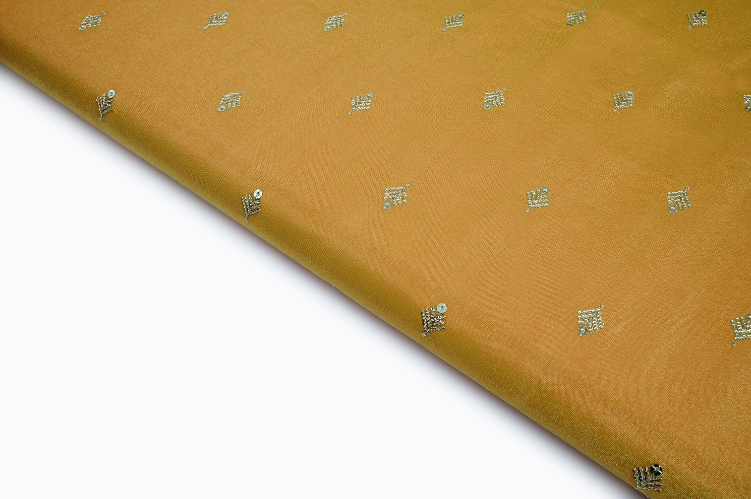 TURMARIC YELLOW COLOR WISCOSS TUSSER TISSUE COPPER SEQUANCE MOTIVE PATTERN EMBROIDERED WORK FABRIC 10467