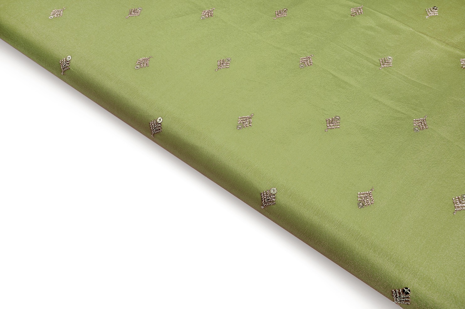 PASTEL OLIVE GREEN COLOR WISCOSS TUSSER TISSUE COPPER SEQUANCE MOTIVE PATTERN EMBROIDERED WORK FABRIC 10468
