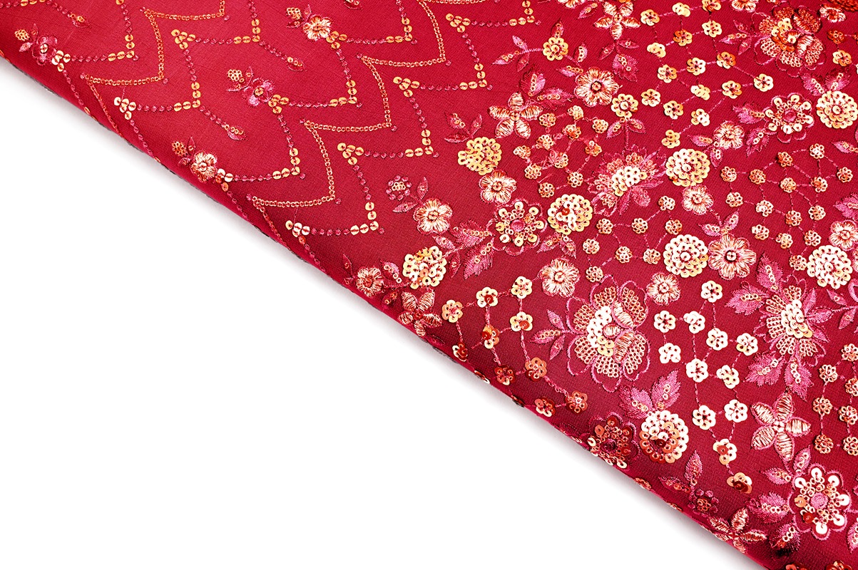 LIPSTIC RED COLOR OMRAY SHADED WISCOSS GEORGET THREAD & SEQUANCE WAVES WITH HEAVY PANEL EMBROIDERED WORK FABRIC 10475