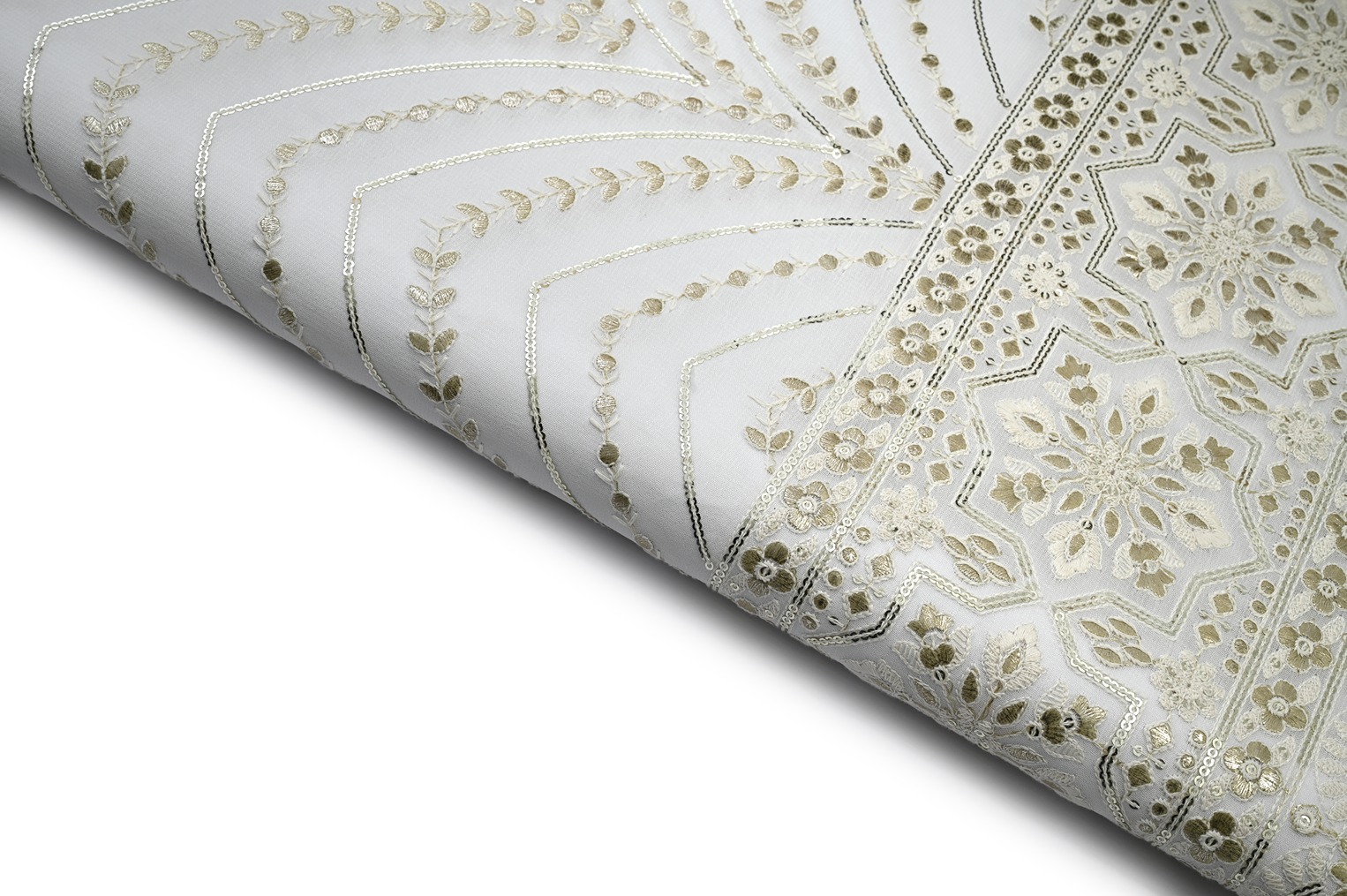 DYEBLE WHITE COLOR WISCOSS GEORGET THREAD& FOIL  WAVES WITH HEAVY PANEL PATTERN EMBROIDERED WORK FABRIC 10482