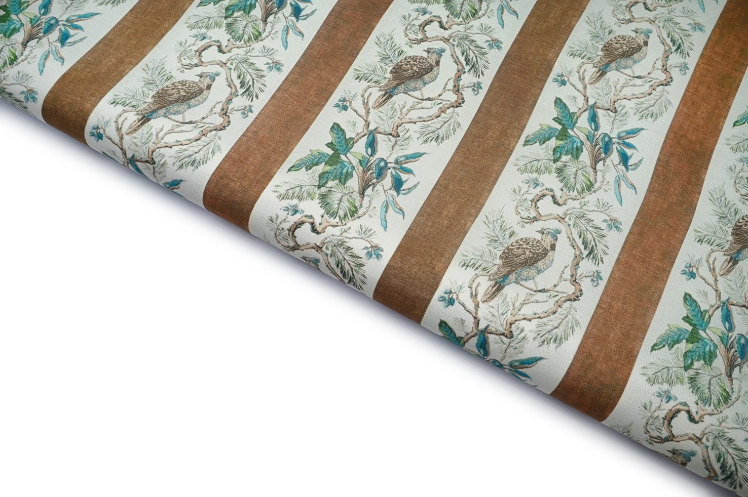 SAND BAIGE BROWN  COLOR  DIGITAL  PEACOCK  FIGURE WITH BRANCHES BELT PATTERN MUSLIN SILK PRINT FABRIC 10594