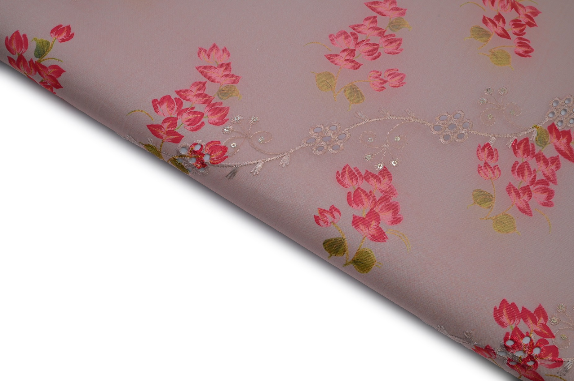 MERRIE PINK COLOR WISCOSS ORGANZA DIGITAL FLORAL MOTIVE WITH CUTWORK & METALIC SEQUANCE PATTERN EMBROIDERED FABRIC 10627