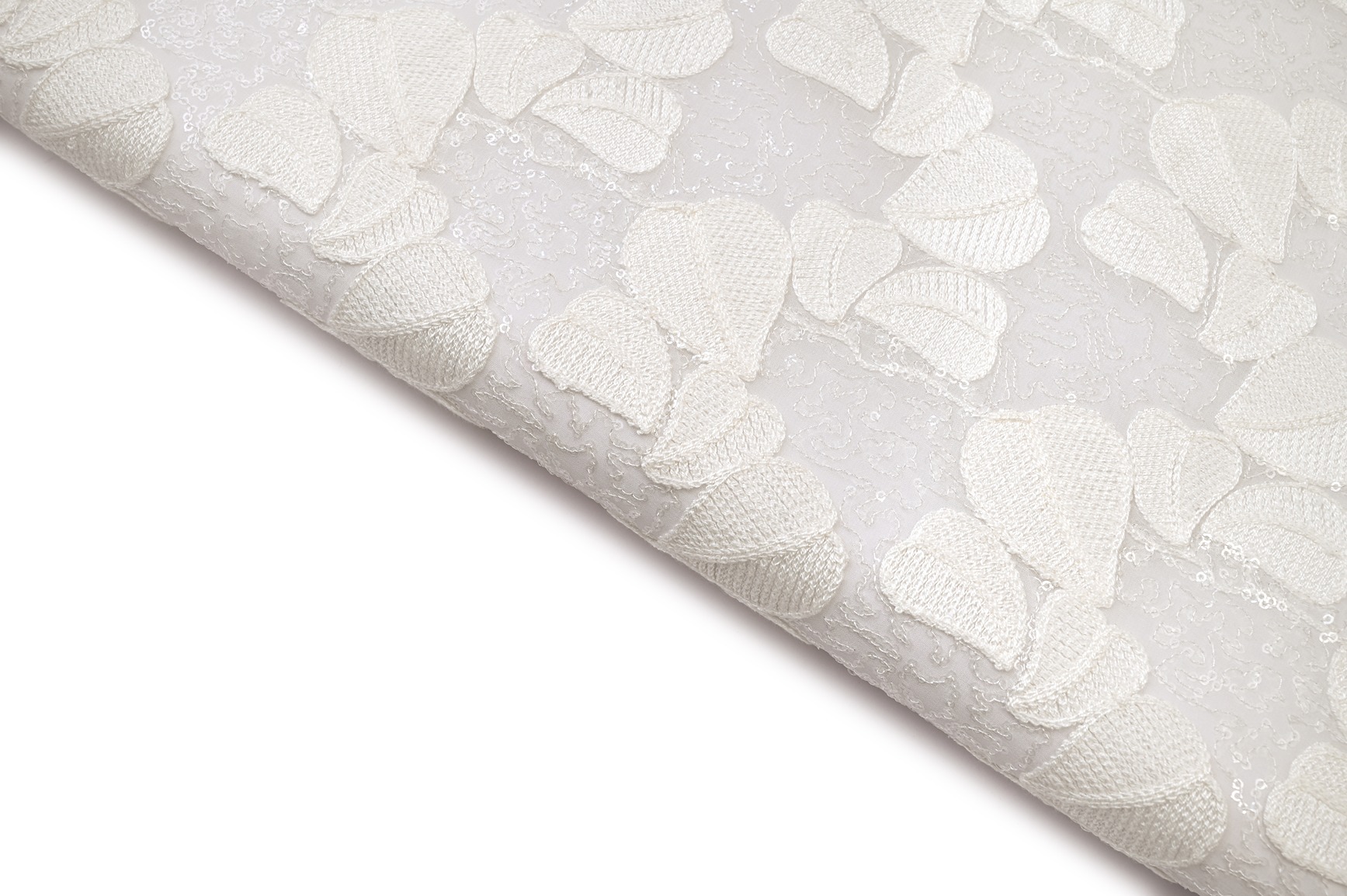 DIABLE WHITE COLOR WATER SEQUANCE & LEAF SHAPE APLIQUE MOTIVE PATTERN EMBROIDERED FABRIC 10631
