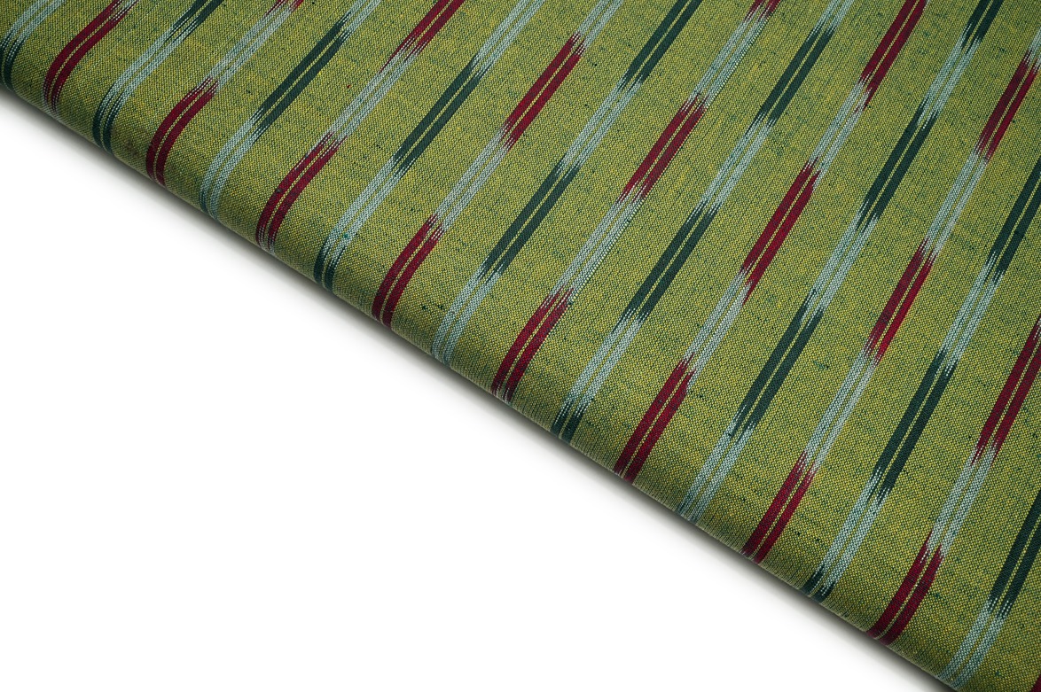 LEAF GREEN COLOR ABSTRACT SHADES WEAVE STRIPES PATTERN MERSERISE COTTON IKKAT FABRIC 10651