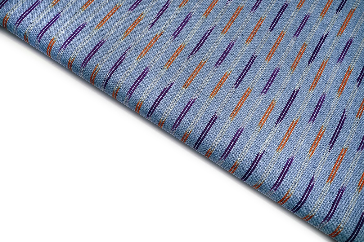 CHARM BLUE COLOR ORANGE & BLUE ABSTRACT WEAVE STRIPES PATTERN MERSERISE COTTON IKKAT FABRIC 10670