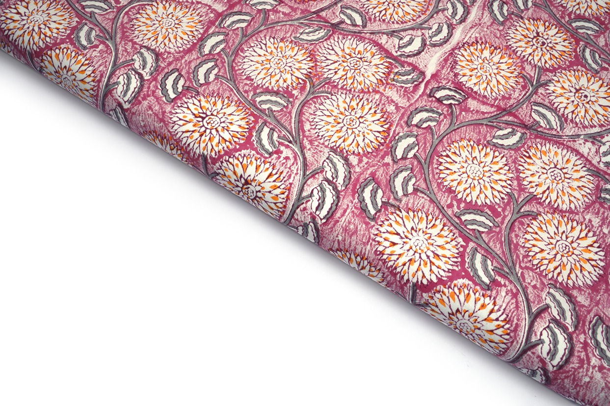 DUSTY CREP PINK COLOR COTTON GAMTHI RAPID HANDBLOCK FLORAL CHAIN BOX PATTERN PRINTED FABRIC 8654