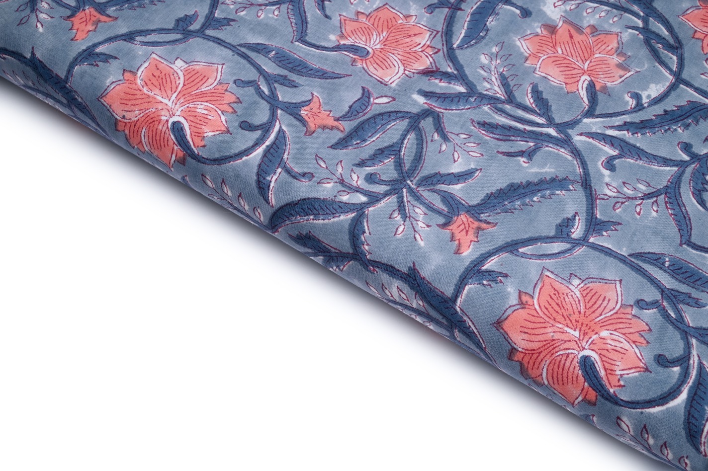 NATURAL SCUBA BLUE COLOR COTTON GAMTHI RAPID ALLOVER ABSTARCT FLORAL HANDBLOCK ZAAL PATTERN PRINTED FABRIC 8666